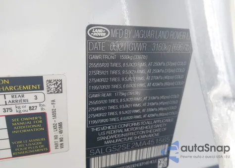 2021 Land Rover Range Rover P525 Westminster z USA, uszkodzony, nr VIN SALGS2SE2MA451565